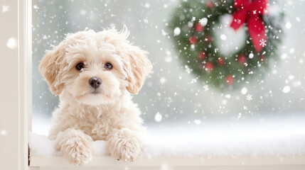 fluffy puppy gazes out snowy window, surrounded by festive decorations, evoking warmth and joy during holiday season