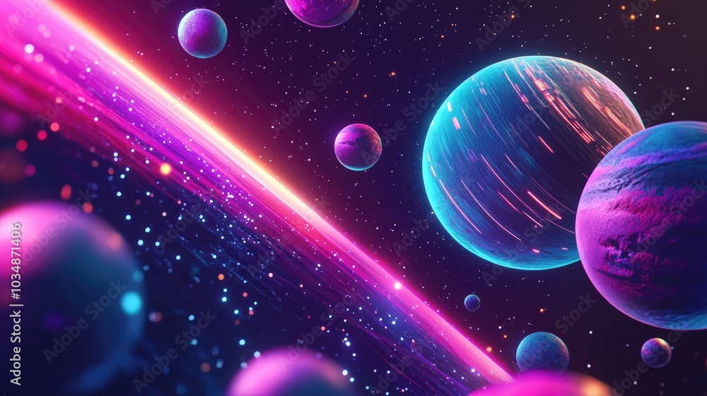 Poster futuristic artificial intelligence universe illustration with planets and stars in a 3d cartoon rend