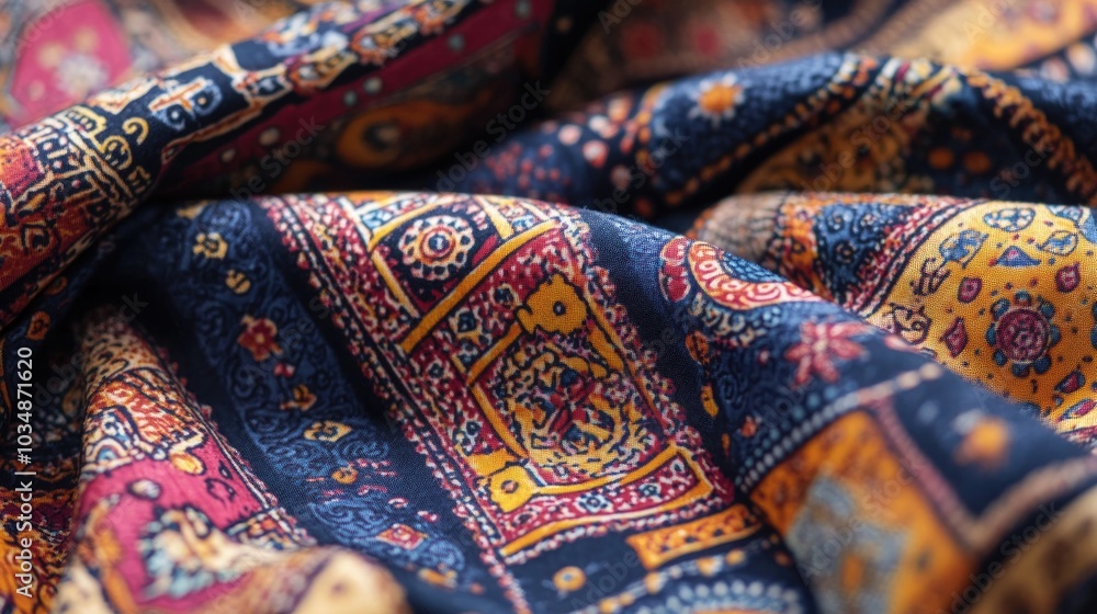 Poster colorful print featuring abstract patterns in an ajrak style design