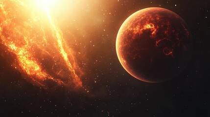 3D rendering of a cartoon depiction of a solar storm in outer space with sun radiation flowing to a planet Illustration created in 3D