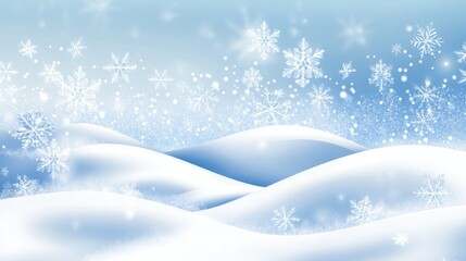 Illustration of a snowy winter wonderland featuring snowflakes and hills in the foreground created as an EPS vector graphic design