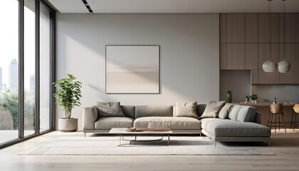 A minimalist living room with clean lines and neutral tones, featuring a modern grey sofa