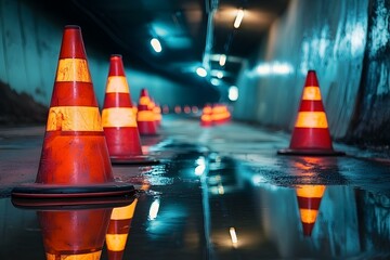 Urban Scene with Traffic Cones and Reflections