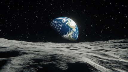 Earth viewed from the moon in a 3D cartoon rendering