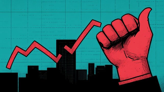 A red fist indicates growth against a teal background, with an upward trend line symbolizing success and optimism.