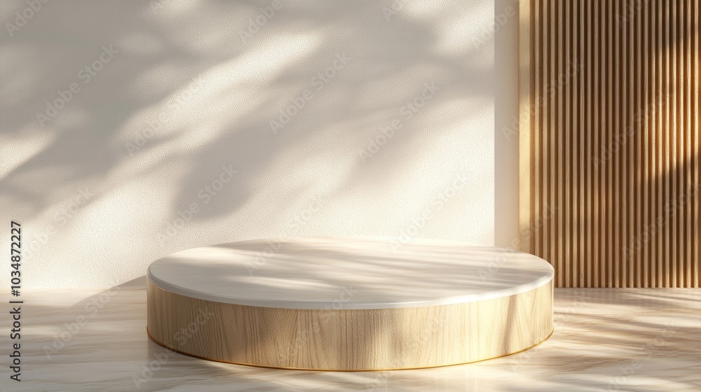 Poster round podium featuring geometric shapes and gold accents abstract empty pedestal display platform 3d
