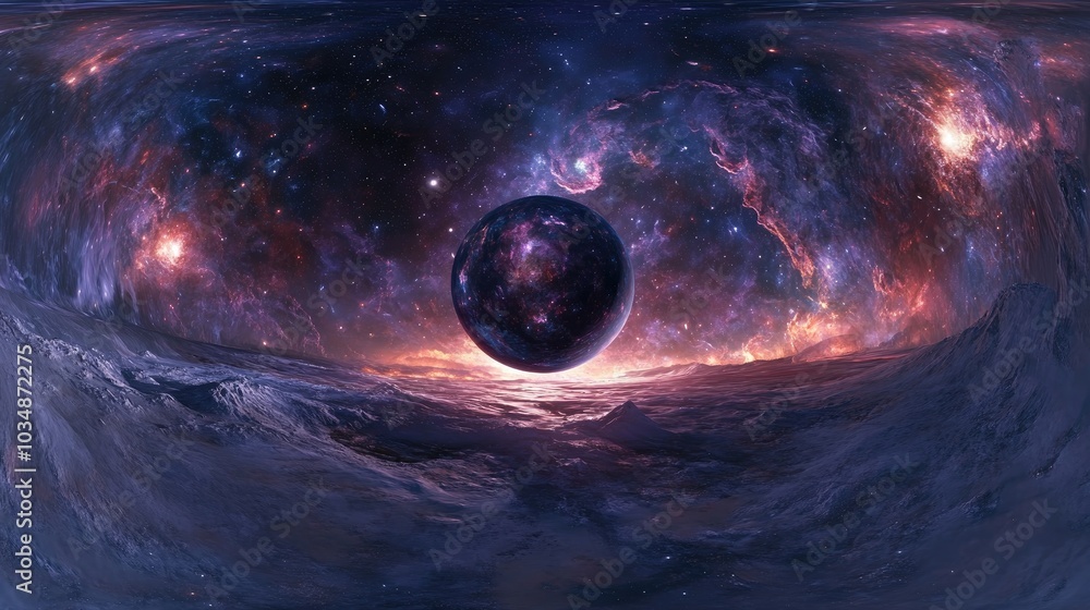 Poster 360 degree space background featuring a nebula and stars with a 3d cartoon rendering equirectangular