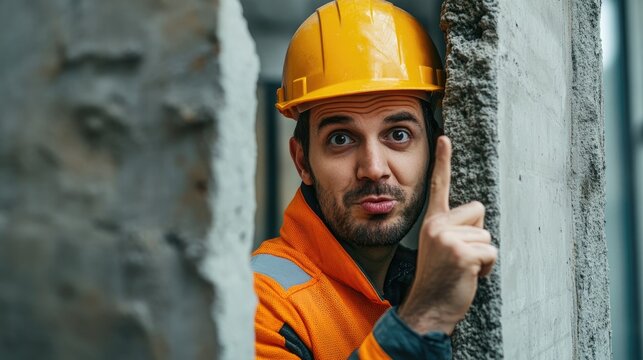 Construction worker gesturing with a finger while peeking from behind a wall Demonstrates the importance of safety and health in an industrial environment