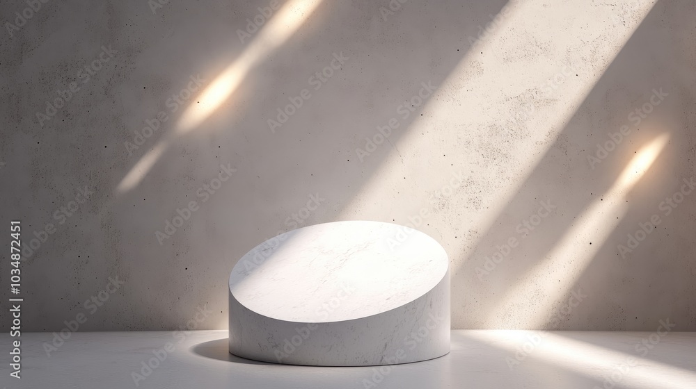 Poster Illuminated white round pedestal in an abstract setting Features high quality 3D design with spotlights on a light background Suitable for banners flyers or web use 3D render template