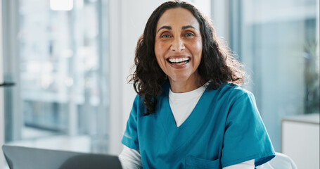 Portrait, doctor and mature woman with laptop, smile or hospital with research, online results or...
