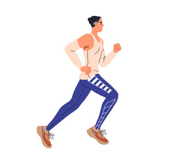 Runner jogging. Man jogger running. Athlete in sportswear, cardio workout, endurance training. Active person exercising, profile, side view. Flat vector illustration isolated on white background