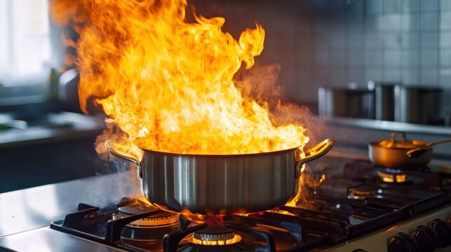 A kitchen fire accident, with intense flames rising from a cooking pot on the stove, representing the dangers of unattended cooking