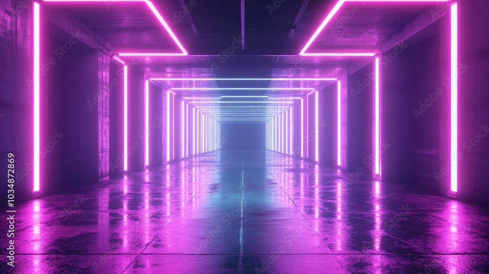 Poster neon abstract background featuring glowing geometric shapes in a digital tunnel loop with ultraviole
