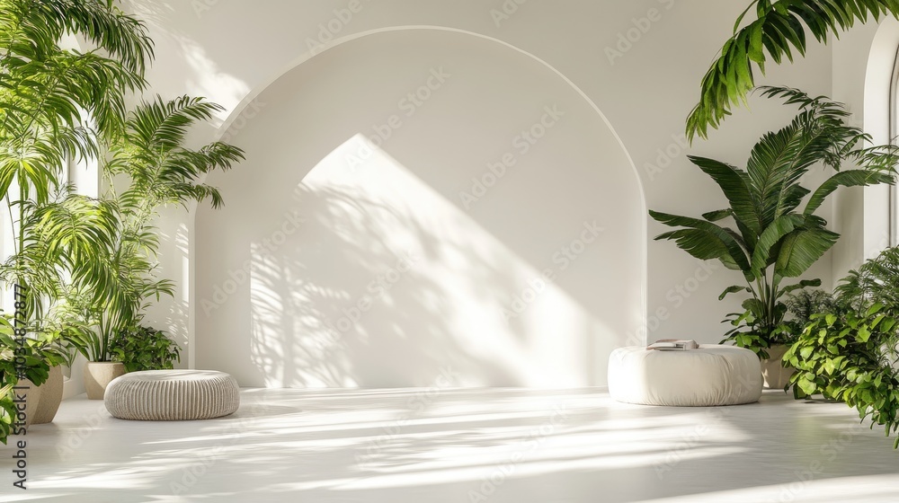 Poster luxury summer architectural interior with an abstract white studio backdrop featuring natural leaf s