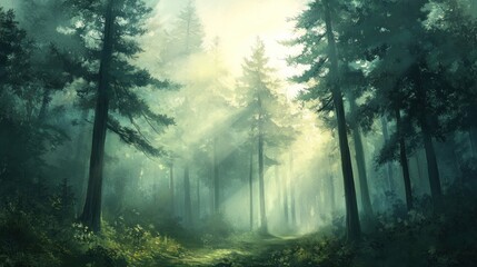 A misty morning in the forest with sunlight breaking through the fog, illuminating the forest in soft, ethereal light