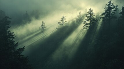 Naklejka premium A misty morning in the forest with sunlight breaking through the fog, illuminating the forest in soft, ethereal light