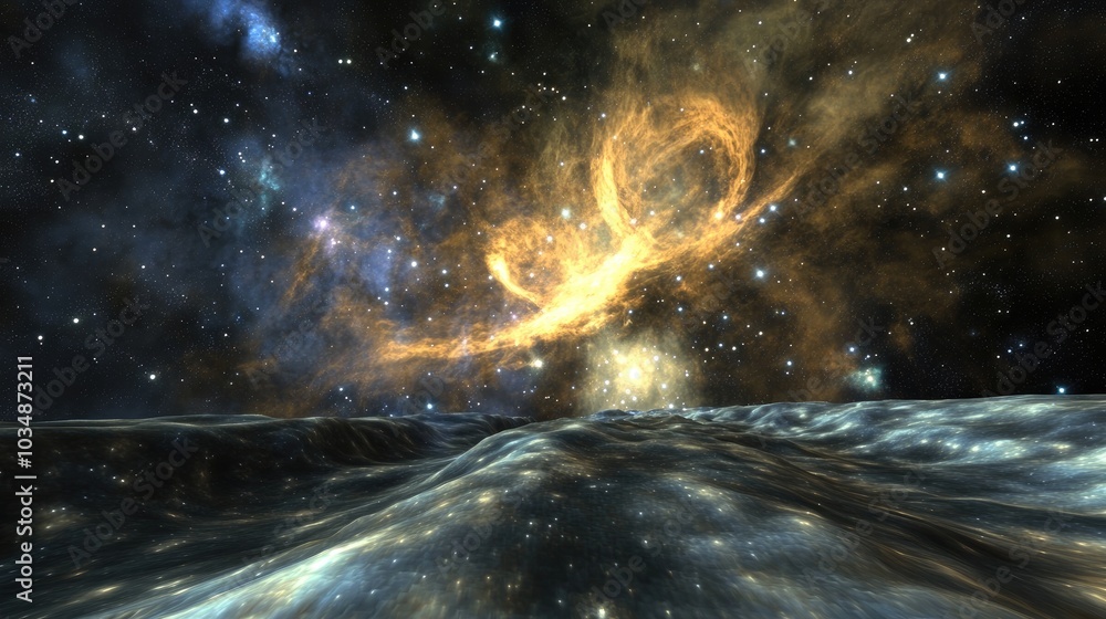 Poster 3d cartoon depiction featuring the orion nebula m42 along with a galaxy open cluster globular cluste