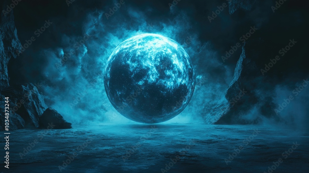 Poster fantasy 3d sphere backdrop illuminated with glowing light in a dark setting