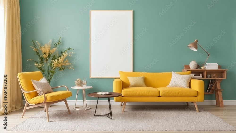 Poster A yellow sofa and armchair in a modern living room with a blank canvas.