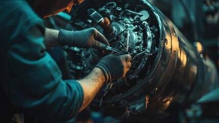 An aircraft technician with tools repairing a jet engine, using specialized wrenches and instruments to ensure precise fixes