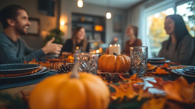 People enjoying a friendly Thanksgiving trivia competition, sitting in a warmly lit living room, autumn leaves scattered around the table, laughter and excitement as they guess the answers,