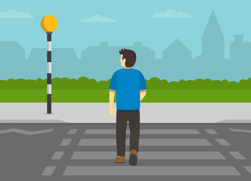 Pedestrian safety rules and tips. Back view of male character on pedestrian crossing with belisha beacon. Flat vector illustration template.