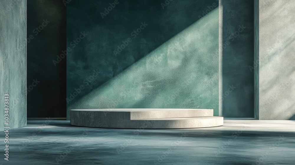 Poster 3d rendering studio featuring geometric shapes and a podium on the floor designed as platforms for p