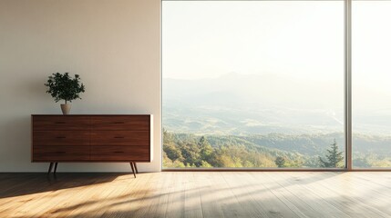 Concept of a minimalistic Scandinavian room featuring a dresser on hardwood flooring large wall and an expansive white landscape visible through the window 3D rendering of Nordic interior design