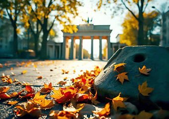 Yellow fall leaves lie on the old streets of Berlin with classic architecture. The setting creates...