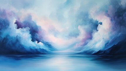 Obraz premium A serene landscape painting featuring soft blue and purple clouds reflecting on a calm body of water, evoking tranquility and depth.