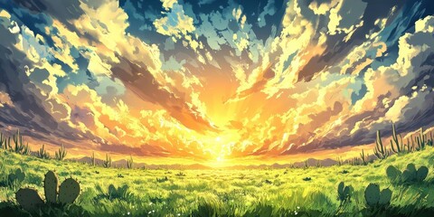 Vast cactus landscape under a cloudy sky, Expansive cactus field beneath a cloudy sky