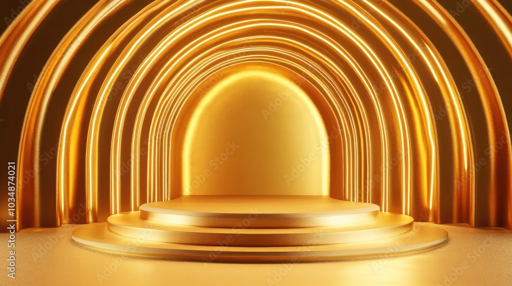 Aufkleber golden backdrop featuring a stage podium for product display 3d rendering