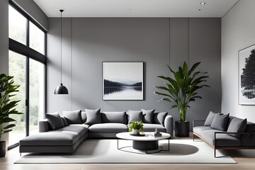 Fototapeta premium A minimalist living room with clean lines and neutral tones, featuring a modern grey sofa