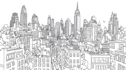 Line art illustration of a city depicted with bold outlines on a clean white background