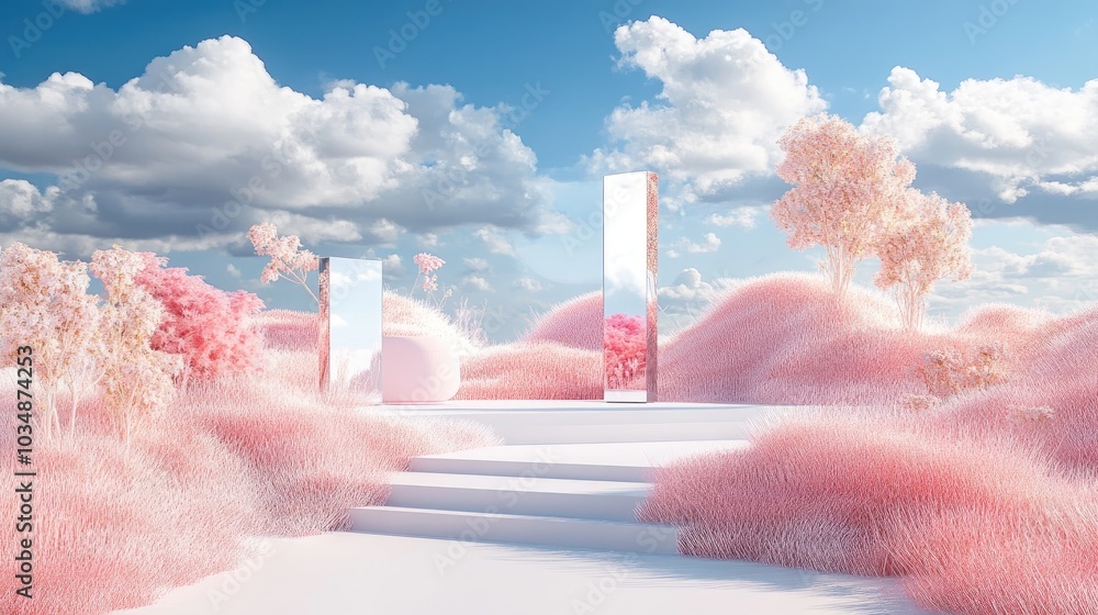 Poster Podium set against a backdrop of abstract mirrored shapes and objects Surreal terrain featuring pink grass under a blue sky with clouds 3D rendering Imaginary realm with futuristic elements
