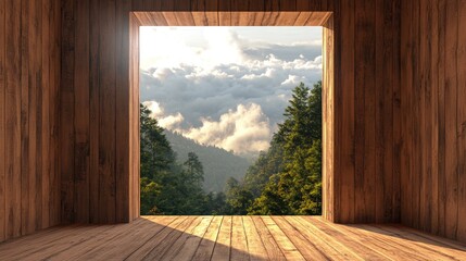 3D rendering of a wooden wall featuring a window overlooking a forest with clouds