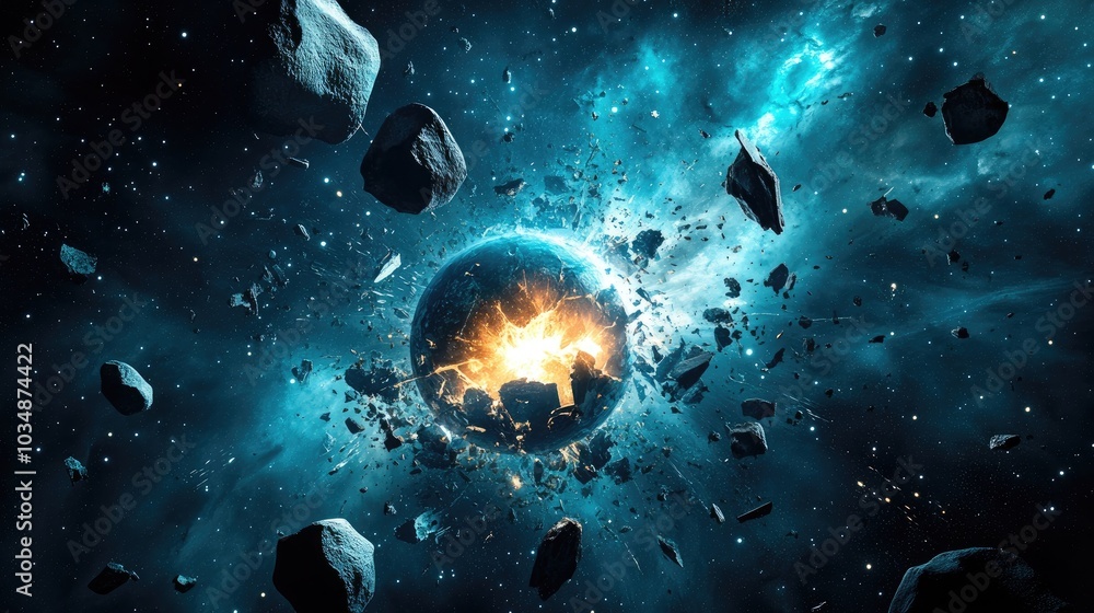 Poster 3d rendering of a destroyed planet in deep space featuring asteroids and solar flares with a cinemat