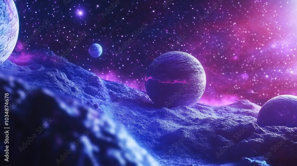 Poster image of outer space in 3d cartoon rendering mixed media