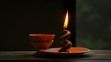 A delightful placing with a twisted flame holder and an orange cup