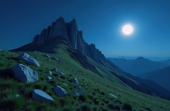 rocky formation on grassy hillside. beautiful scenery of Runa mountain in summertime at night in full moon light