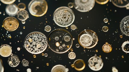 Ancient microbes under microscope reveal intricate cellular structures, showcasing their mysterious and ancient nature, ideal for scientific and educational content.