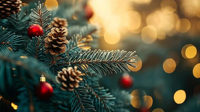 close up Christmas tree needle pine branch decorated with pine cone and baubles, bokeh shiny background with copy space