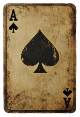 Weathered ace of spades playing card with dark tones and transparent background.