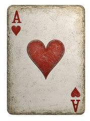 Worn ace of hearts card with vintage texture and transparent background.