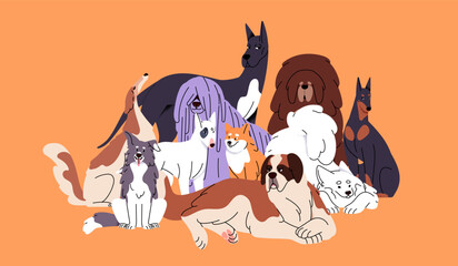 Portrait of furry friends of different canine breeds. Funny group of happy big doggies, puppies of great dane, borzoi, akita inu, dobermann, border collie, st bernard. Flat vector illustration