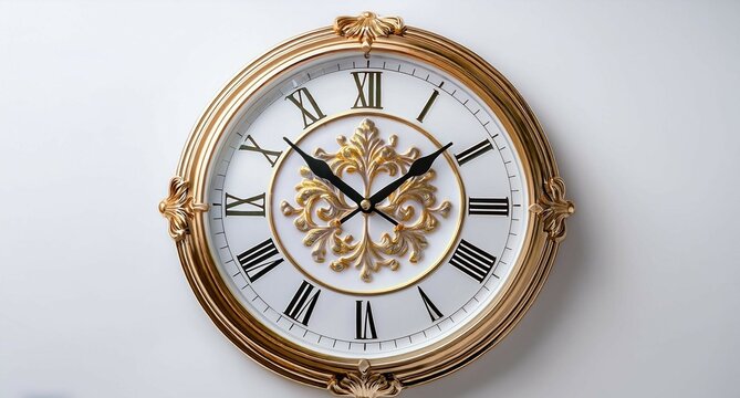 Reloj de pared con un dise&ntilde;o garigoleado en color oro, reloj con dise&ntilde;o dorado sobre una pared blanca