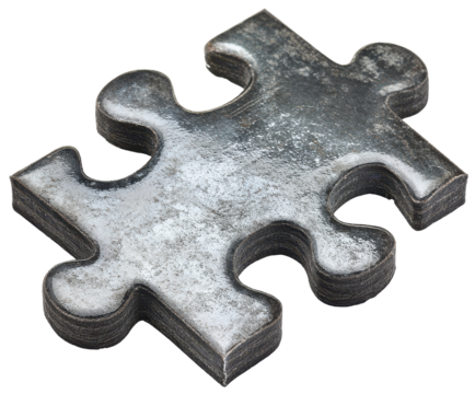 Metal puzzle piece with worn texture on a transparent background.