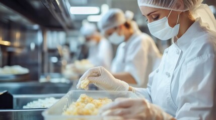 Food hygiene protocols in a restaurant kitchen, with staff wearing gloves and hairnets while handling food, ensuring cleanliness and food safety