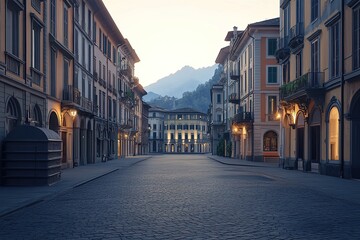 Fototapeta premium Empty street in Piazza Vittorio, Stresa square at dawn with modern buildings and cobbled streets