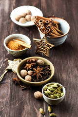 Christmas decoration on rustic wooden background. Close up.	